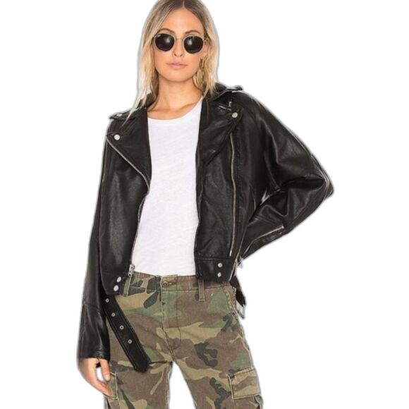 Free People Black Drapey *Washable* Vegan Leather Moto Jacket (No Hood) Sz M - Picture 2 of 14